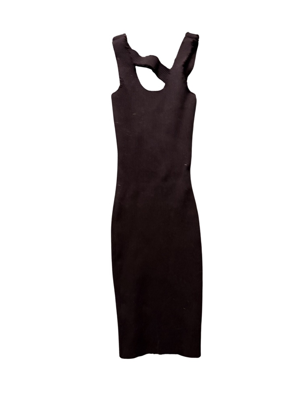Sleeveless Black Ribbed Midi Dress with Shoulder Cutout Distressed